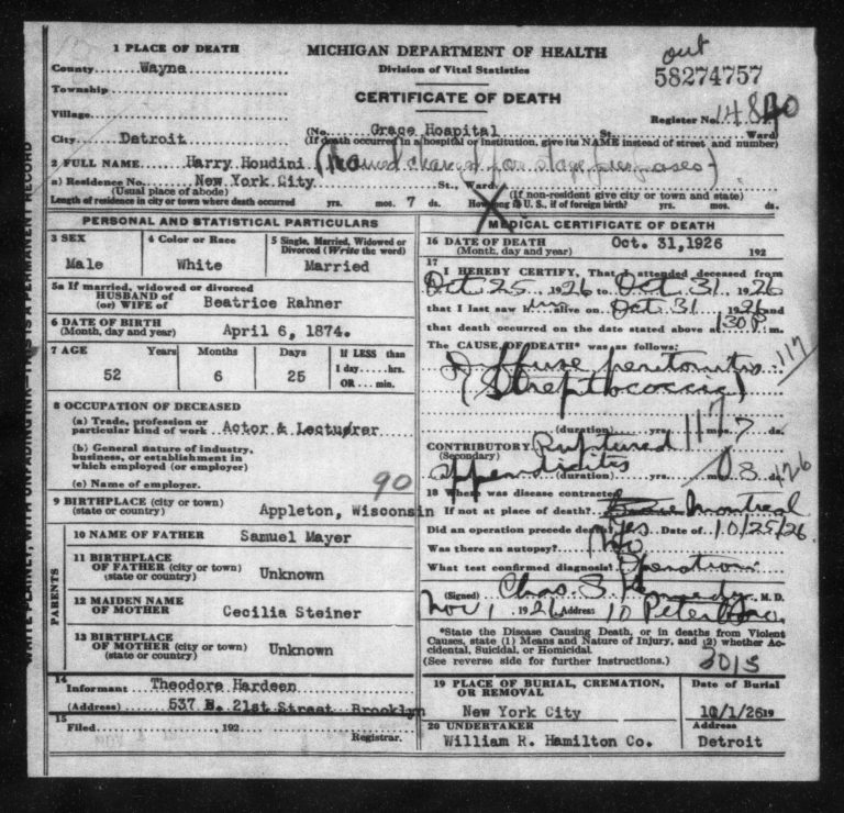 Houdini's death certificate